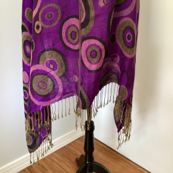 VINTAGE WOMAN JAQUARD SCARF SHAWL PURPLE OLIVE GEOMETRIC FRINGE - Picture 5 of 6